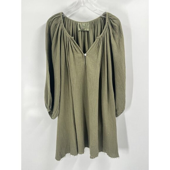 Loup Charmant Green Cotton Gauze Shift Dress Belt Distressed Hem Sz M Pockets - Picture 2 of 8